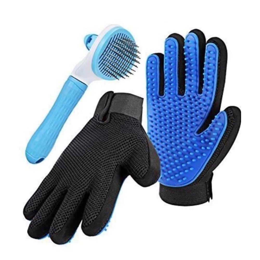Pet Grooming Gloves for Dogs Cats Blue Brush & Gloves Set NEW Nomoypet